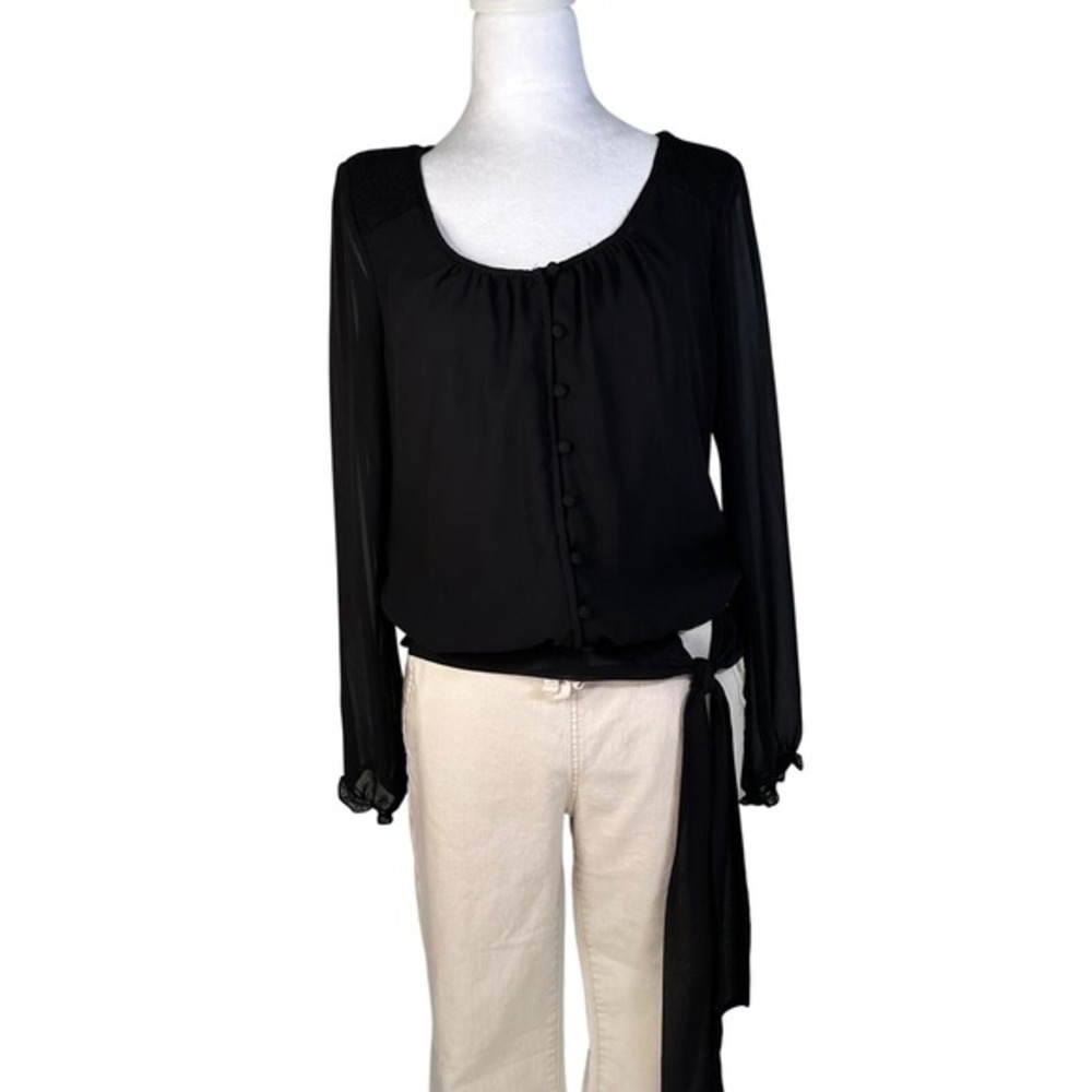 White House Black Market Black Sheer Chiffon Peasant Blouse Long‎ Sleeve S - Picture 5 of 7